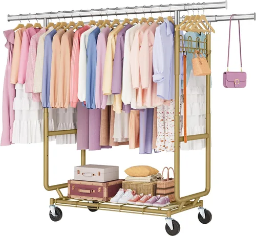 Vista 14 de Hoctieon Perchero de montaje de 1 minuto, 480 libras, percheros de ropa rodantes resistentes con ruedas, perchero plegable para ropa, barra Plata