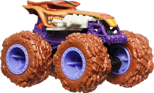Vista 4 de Hot Wheels Monster Trucks - Juego de 4 juguetes, paquete de 4 vehículos Fang Frenzy a escala 1:64, ruedas gigantes, personajes favoritos