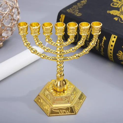 Vista 5 de Portavelas de Menorá de Hanukkah de 4.3" con 7 ramas para Shabat, Tabernáculo, Menorás para Janucá (dorado) Menorás de oro para Janucá, decoración