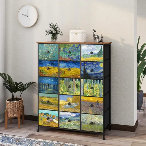 Vista 3 de EXOTICA - Cómoda grande con 15 cajones, cómoda alta de tela Van Gogh para dormitorio, sala de estar, entrada, armario con marco de metal resistente