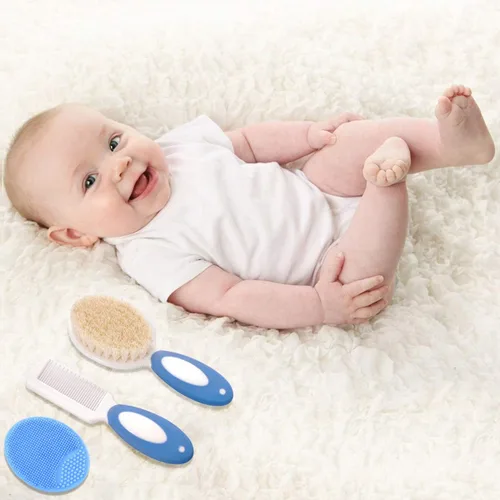 Vista 7 de Juego de cepillo y peine para el pelo del bebé para recién nacidos y niños pequeños Cerdas de cabra suaves naturales Ideal para la cuna Regalo