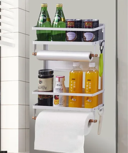 Vista 12 de Organizador de estante para refrigerador, soporte magnético para toallas de papel, para cocina, refrigerador, especias, almacenamiento (negro)
