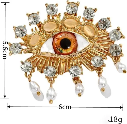 Vista 4 de Broche de mal de ojo a la moda, único, elegante, con diamantes de imitación vintage, dijes de la suerte, broche de ojo esmaltado, borla de perla