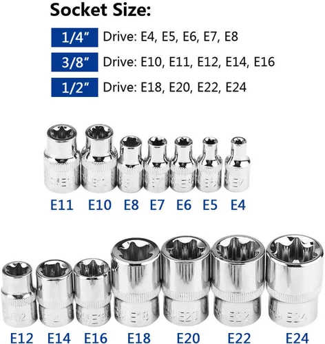 Vista 2 de Torx Socket Set a prueba de manipulaciones Torx Star Bit Torq Torque hembra E-socket Set E4-E24 1/4 "3/8" 1/2" Drive 14Pcs