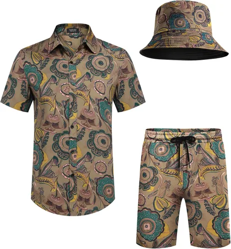 Vista 4 de COOFANDY Conjunto de camisa hawaiana y pantalón corto para hombre, traje de playa de 2 piezas con sombreros de pescador