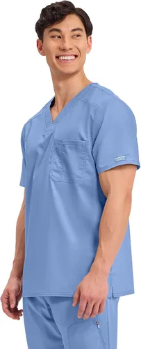 Vista 3 de Cherokee Camisa quirúrgica para hombre con cuello en V para meter dentro, un bolsillo en el pecho, ranura para bolígrafo, tela ultra suave
