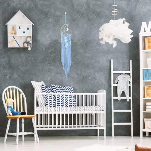Vista 5 de Atrapasueños de luna de macramé para niña, atrapasueños de media luna azul estilo bohemio para dormitorio de adultos, adorno hecho a mano