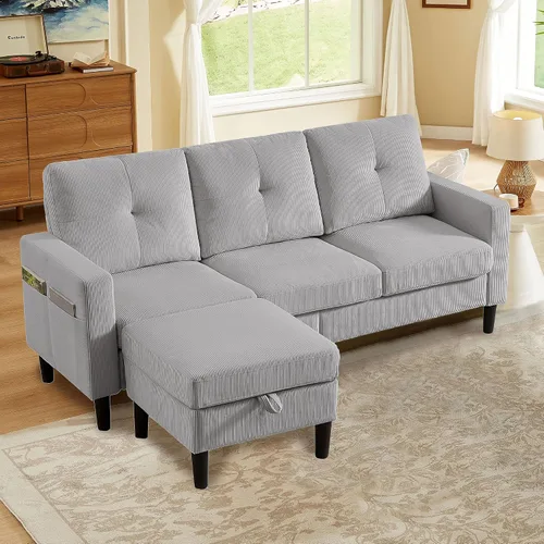 Vista 16 de Sofá modular convertible de 79 pulgadas, sofá pequeño en forma de L de 3 asientos con diván de almacenamiento y bolsillo lateral, sofá reversible