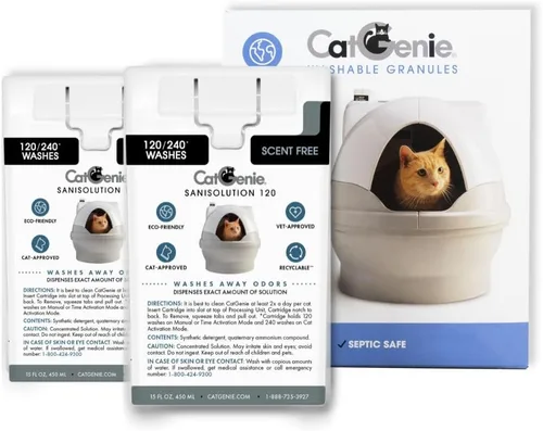 Vista 2 de CatGenie Combo de suministro 2+1, 2 cartuchos SaniSolution + gránulos lavables, paquete de recarga de caja de arena para gatos autolimpiante