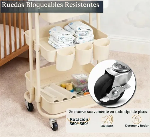 Vista 4 de Carrito rodante de 3 niveles con mesa de almacenamiento, carrito blanco con tazas y ganchos, marco de metal con cestas de plástico, carritos móviles