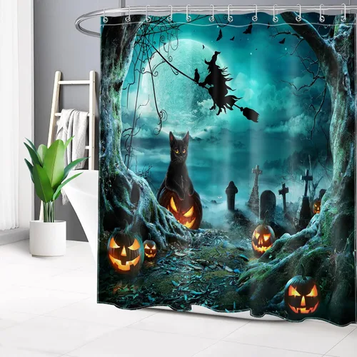Vista 22 de LB Cortina de ducha espeluznante de Halloween, árbol muerto espeluznante con tela de araña de murciélago, cortina de ducha de baño con temática