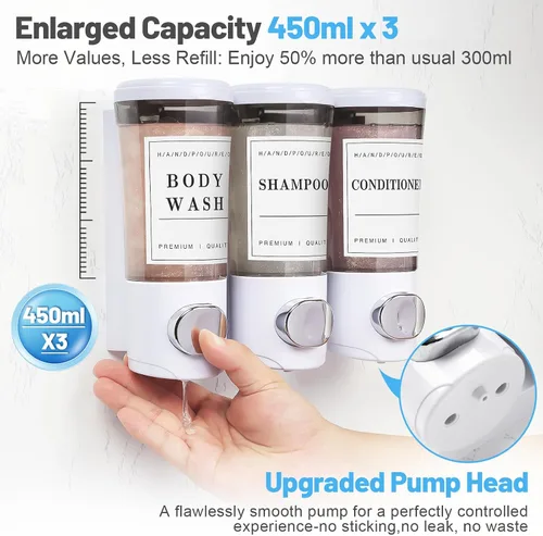 Vista 3 de Dispensador de champú y acondicionador de 15.2 fl oz x 3, dispensador de ducha de 3 cámaras sin taladro, dispensador de jabón de ducha montado
