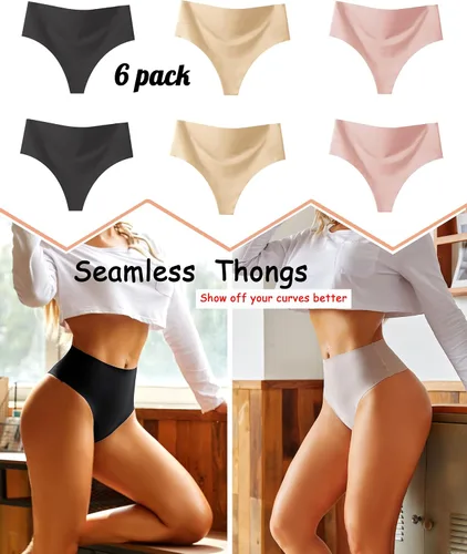 Vista 4 de Knowyou Tangas de cintura alta para mujer, ropa interior sin costuras para mujer, bragas sexys transpirables para mujeres, paquete de 6