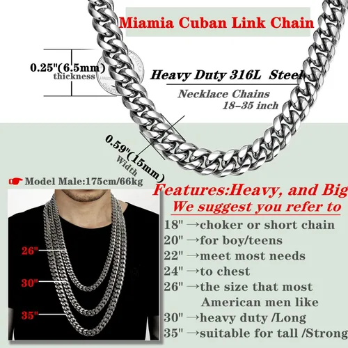 Vista 4 de ROWIN&CO Mens Miami Cuban Link Chain Silver Heavy Stainless Steel Curb Chain Necklace Hip hop Punk Jewelry Choker Chain, 15mm Width 18-36 inch