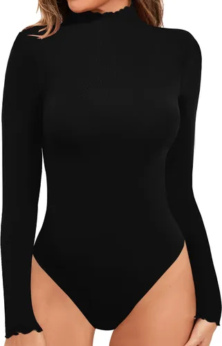 Vista 2 de MANGOPOP Camiseta sin mangas con doble forro para mujer, con volantes, cuello de tortuga, manga larga, ajustada
