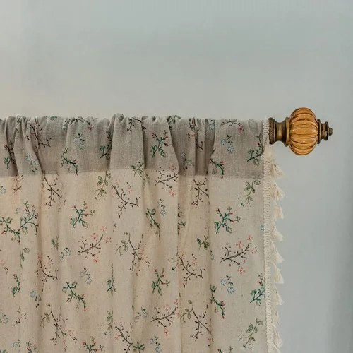 Vista 3 de Cortina de lino de algodón con estampado floral de hojas, panel de cortina para ventana con borlas y bolsillo para barra, cortina decorativa rústica