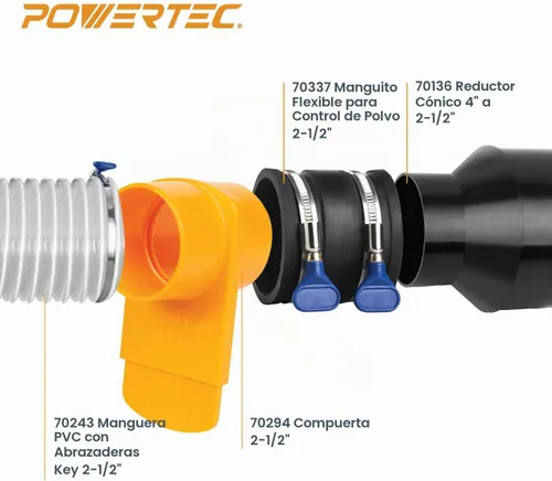 Vista 2 de POWERTEC 70402 Reductor de cono de manguera de 4 a 2-1/2 pulgadas y manguito flexible de control de polvo de 2-1/2 pulgadas con abrazaderas