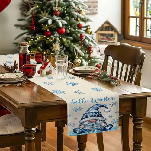Vista 5 de Camino de mesa de gnomos de Navidad de 36 pulgadas de largo, algodón y lino, bufandas de arpillera, cocina, cena, cafetería, decoración de mesa
