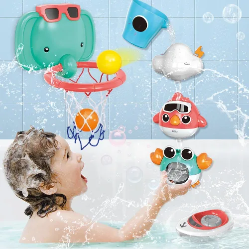 Vista 3 de VATOS Juguetes de baño para bebés, juguetes de baño de baloncesto de elefante para bebés, niños y niñas de 1 año, juego de bañera para bebés