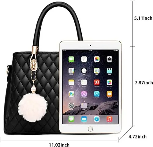 Vista 3 de Bolsos de cuero para mujer con asa superior acolchado bolsa de hombro para mujer con pompón