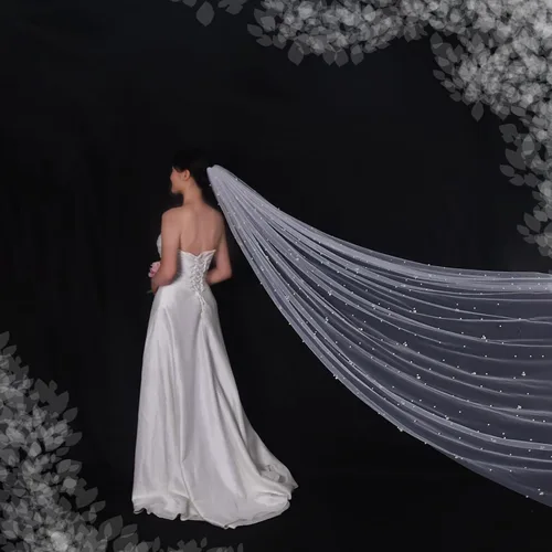 Vista 2 de Mopmap 1 nivel nupcial velo de novia perla capilla longitud tul accesorios para el cabello con peine