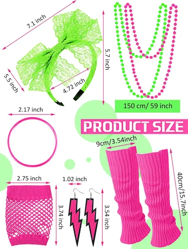 Vista 3 de Vabean Juego de 19 piezas de disfraz de los años 80, camiseta, leggings, falda tutú, diadema, collar, pulseras, aretes, guantes, calentadores