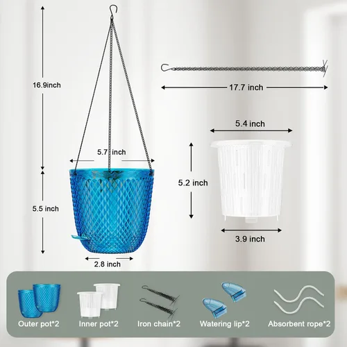 Vista 3 de QCQHDU - Macetas colgantes para plantas de interior, paquete de 2, 5.7 pulgadas, azul Klein Plástico, Autorriego, Percha de Plantas, Agujeros
