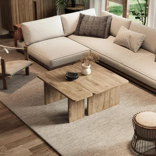 Vista 4 de Mesa de centro moderna doble en forma de L, mesa central con acabado de madera de roble, dispuesta libremente para adaptarse a cualquier espacio