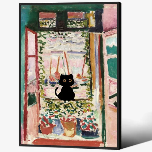 Vista 9 de CAXIYSH Arte de pared de gato negro Monet, póster de lirios acuáticos, vintage, divertido, floral, gato, lienzo, pinturas famosas, impresiones