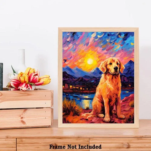 Vista 7 de Bestbuddy Pet 8 x 10 sin marco noche estrellada inspirada Golden Retriever perro senderismo leal amigo familia animal mascota familia pintura al