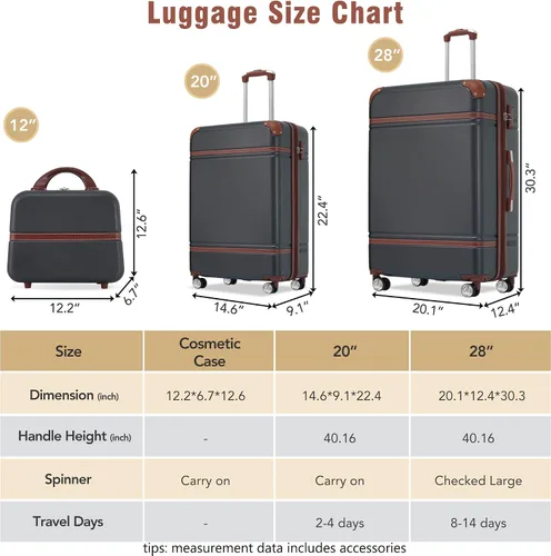 Vista 222 de Merax Equipaje, maleta extensible rígida con ruedas giratorias ligeras, Negro -, 40/48/52