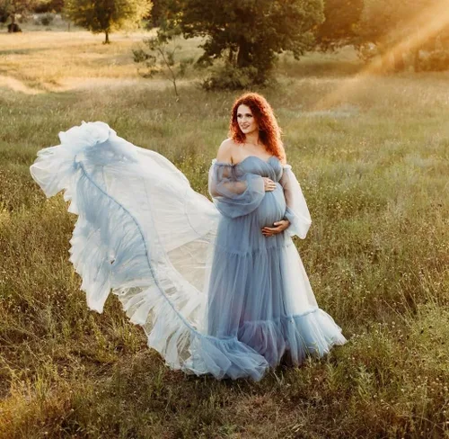 Vista 6 de Vestidos de maternidad de tul para sesión de fotos, batas de hombros descubiertos, manga larga, lencería nupcial, baby shower, vestidos de embarazo