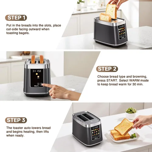Vista 7 de Mecity Tostadora de 2 rebanadas con pantalla táctil y elevación automática, tostadora de acero inoxidable de tacto frío con 8 ajustes de pan, 5