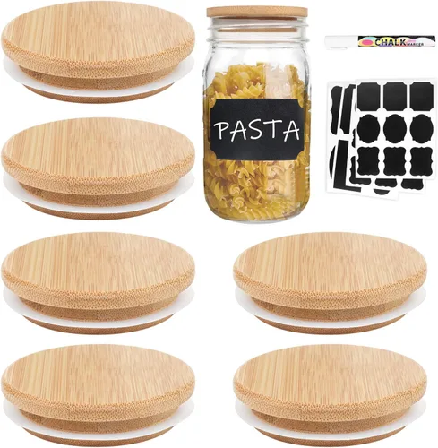 Vista 10 de Tapas de tarro Mason con orificio para pajita, tapas de bambú para lata de cerveza de vidrio, CNVOILA ECO tapas de tarro de bambú reutilizables