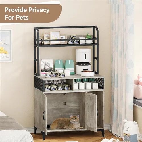 Vista 3 de Caja de arena para gatos con almacenamiento de estantes, muebles ocultos, gran caja de arena oculta para gatos, almacenamiento de madera para baño