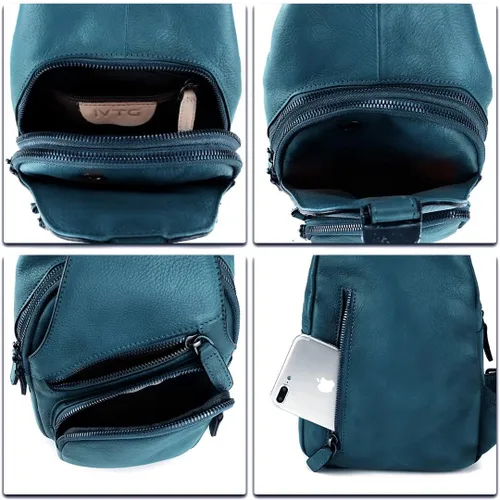 Vista 7 de IVTG Bolso bandolera de cuero genuino para hombres y mujeres, mochila de hombro hecha a mano cruzada para motocicleta