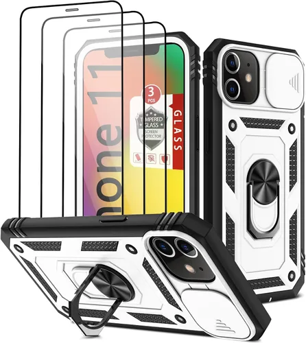 Vista 9 de Funda para iPhone 11, funda para iPhone 11 con 3 protectores de pantalla de vidrio templado, soporte de anillo integrado + cubierta de cámara