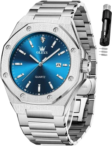 Vista 15 de OLEVS - Relojes de acero inoxidable para hombre, reloj de negocios y vestir de gran tamaño, fácil de leer, analógico, impermeable, luminoso, casual