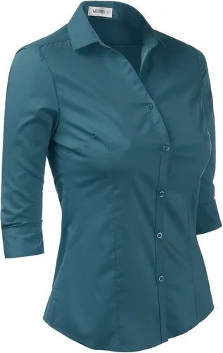Vista 2 de Doublju - Camiseta básica de manga 34 con cuello de botón para mujer