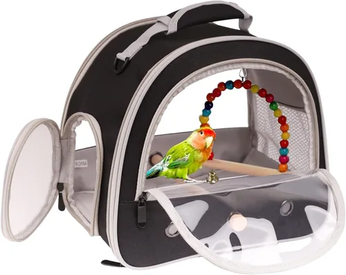 Vista 8 de Jaula portátil de viaje para loros con juguete pequeño oscilante y jaula de juguetes coloridos, bolsa de periquito para pájaros pequeños con bolsa