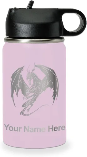 Vista 22 de LaserGram Botella de agua con tapa abatible de doble pared de 12 onzas con pajilla, dragón, grabado personalizado incluido (negro)