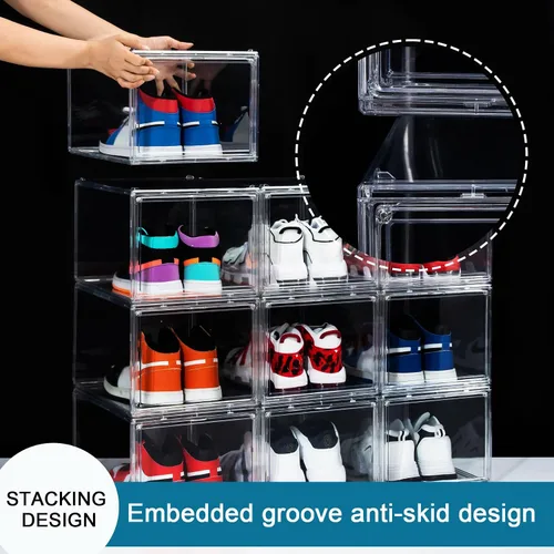 Vista 5 de Paquete de 12 cajas para zapatos, contenedor de caja para zapatillas de plástico acrílico transparente apilable, caja organizadora de zapatos