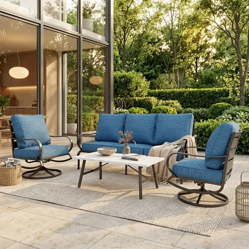 Vista 30 de MFSTUDIO Juegos de muebles de patio, sofás de conversación de metal para exteriores con 1 sofá de 3 asientos para jardín, cojín beige