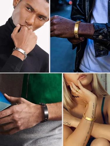 Vista 2 de PROSTEEL Pulsera de acero inoxidable para hombres y mujeres, elegantes pulseras de eslabones cubanos, chapado en oro negro de 18 quilates, ancho