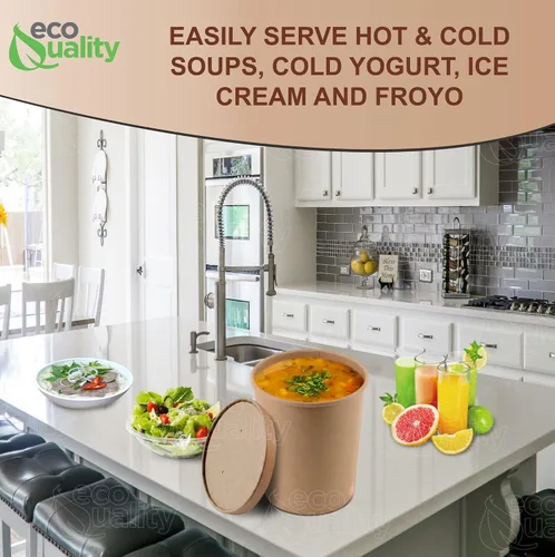 Vista 5 de EcoQuality [Paquete de 75] Contenedores desechables de papel kraft para sopa de 32 onzas con tapas ventiladas, recipientes de helado de cuarto
