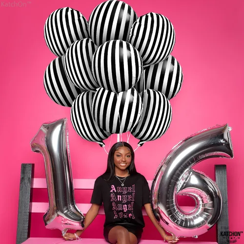 Vista 2 de KatchOn, Globos grandes a rayas blancas y negras de 18 pulgadas, paquete de 10 globos de aluminio para decoraciones de fiesta de cumpleaños