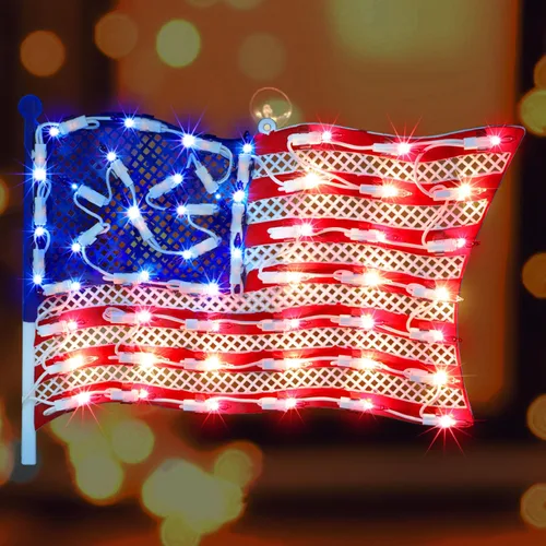 Vista 7 de Escultura patriótica iluminada del día de la independencia de la silueta de la ventana 50L iluminada roja, blanca y azul: I Love USA
