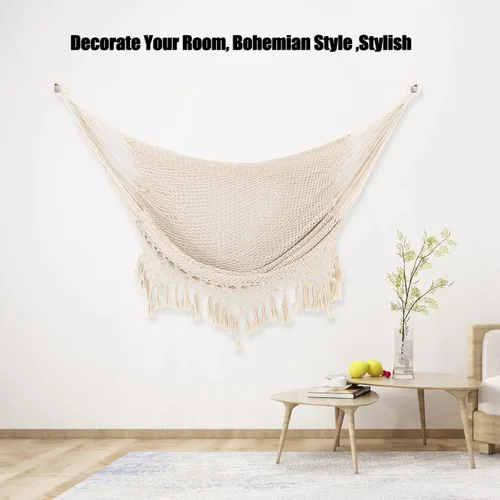Vista 7 de Silla Hamaca, Máximo 330 Libras, Silla Colgante Grande, Silla Columpio de Cuerda de Algodón Suave con Varilla de Metal de Alta Capacidad de Carga