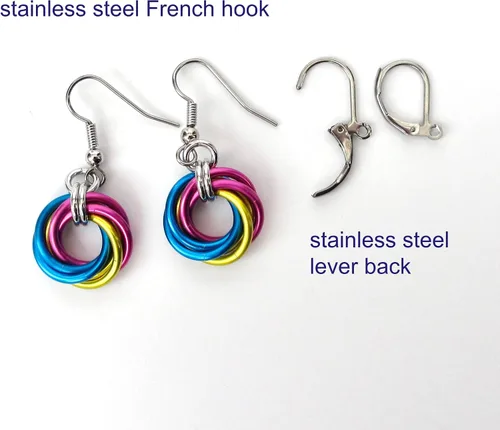Vista 5 de Pansexual pride earrings, handmade chainmail love knot jewelry; pink, yellow, blue