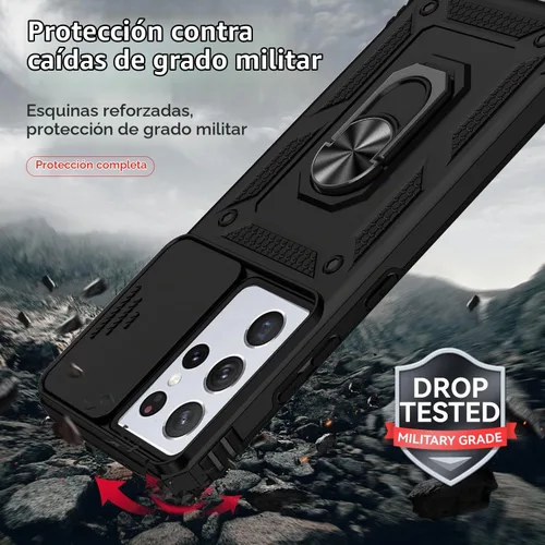 Vista 5 de Funda para Samsung Galaxy S21 Ultra con cubierta para lente de cámara, protector de pantalla HD, prueba de caídas de grado militar, soporte de Negro